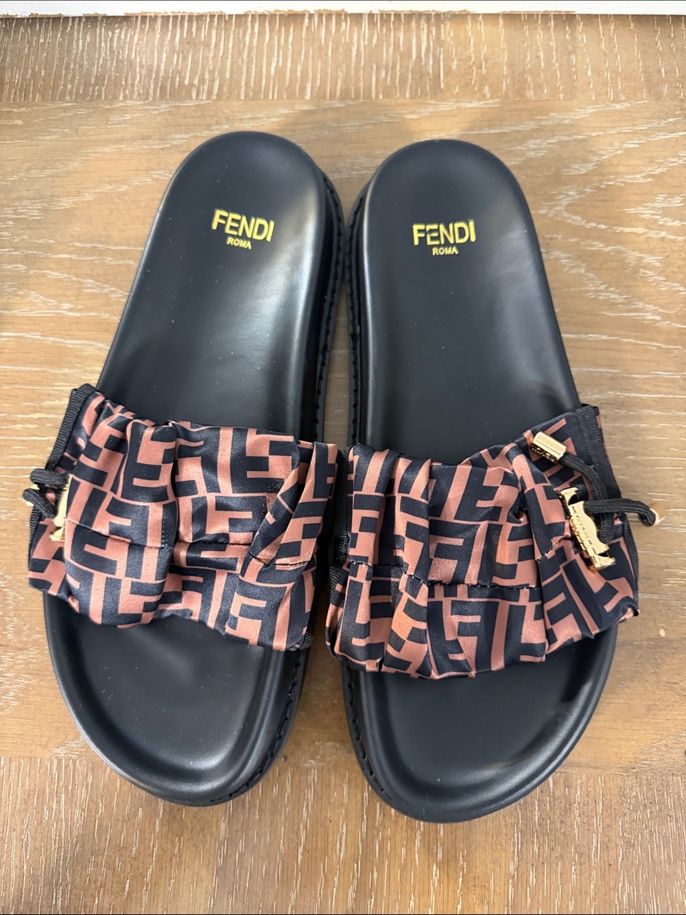 Fendi Black & Brown FF Logo Ruffle Slide Sandals
